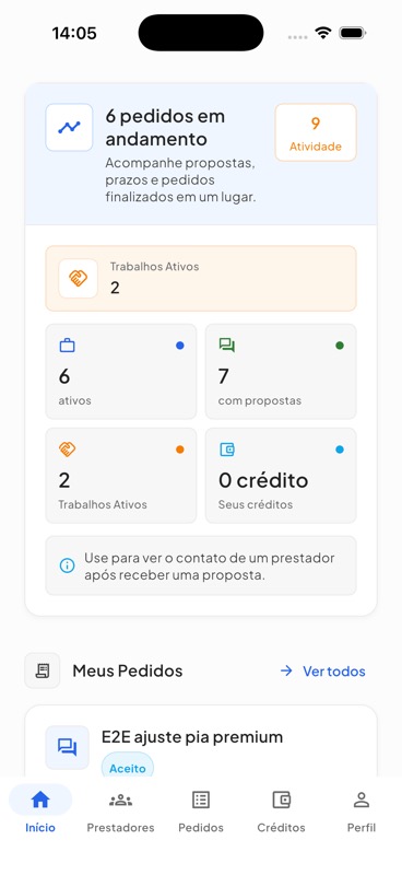Tela real do Presta Aí com pedidos em andamento