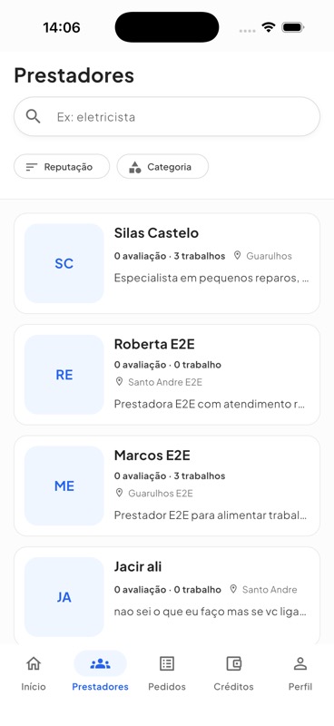 Tela real do Presta Aí com lista de prestadores e filtros